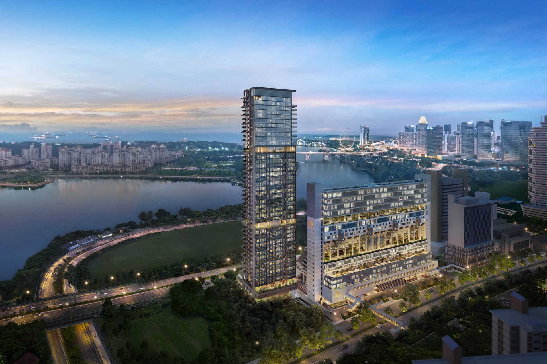 Aurea — artist's impression of the Beach Road tower at dusk