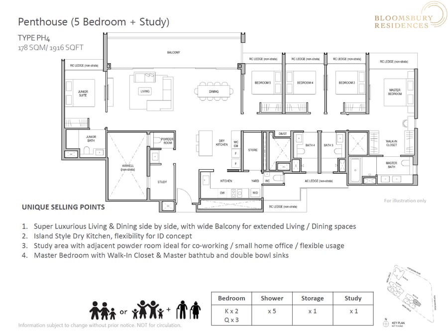 Floor plan PH4 — 5 Bedroom + Study Penthouse