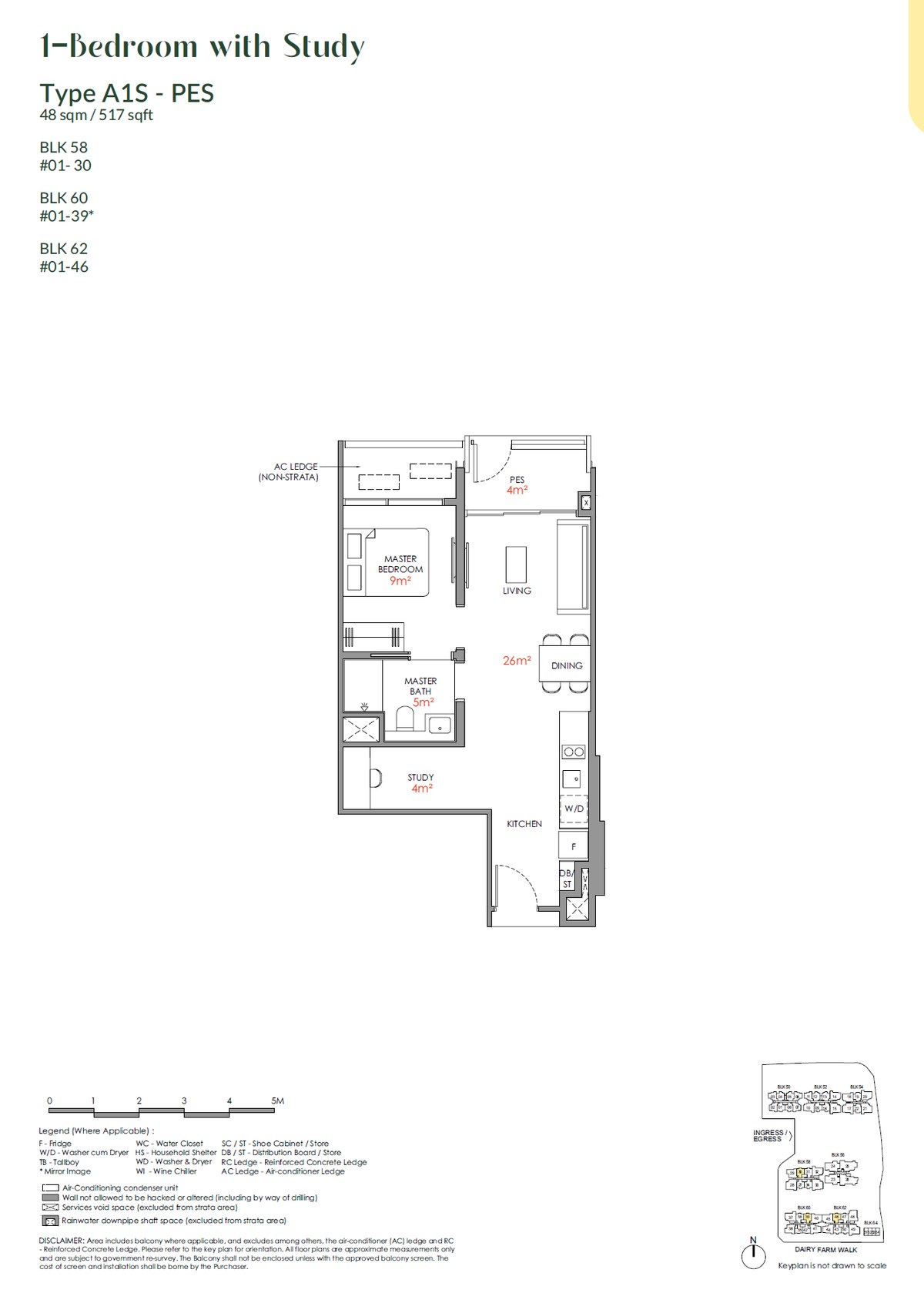 Floor plan A1S-PES — 1 Bedroom With Study
