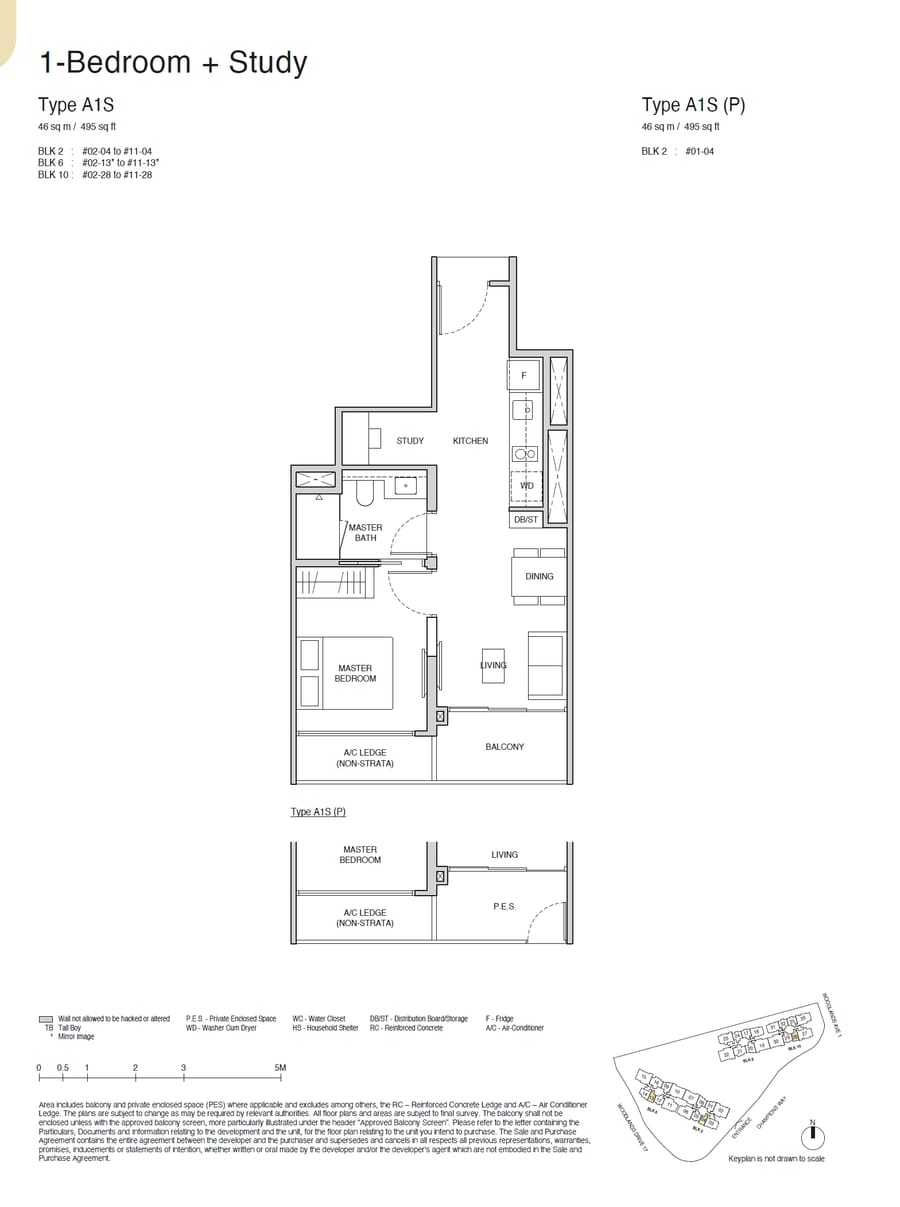 Floor plan A1S — 1 BEDROOM + STUDY