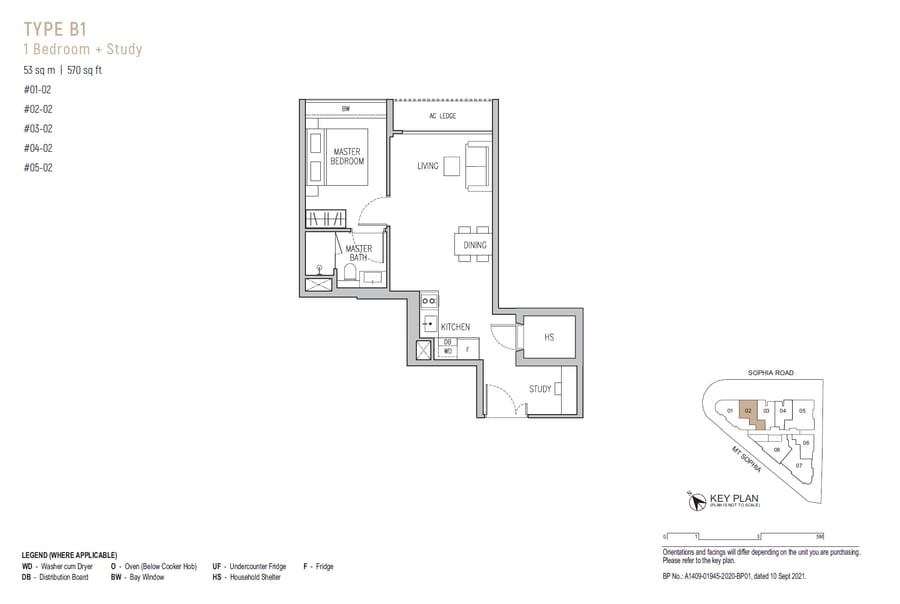 Floor plan B1 — 1 Bedroom+Study