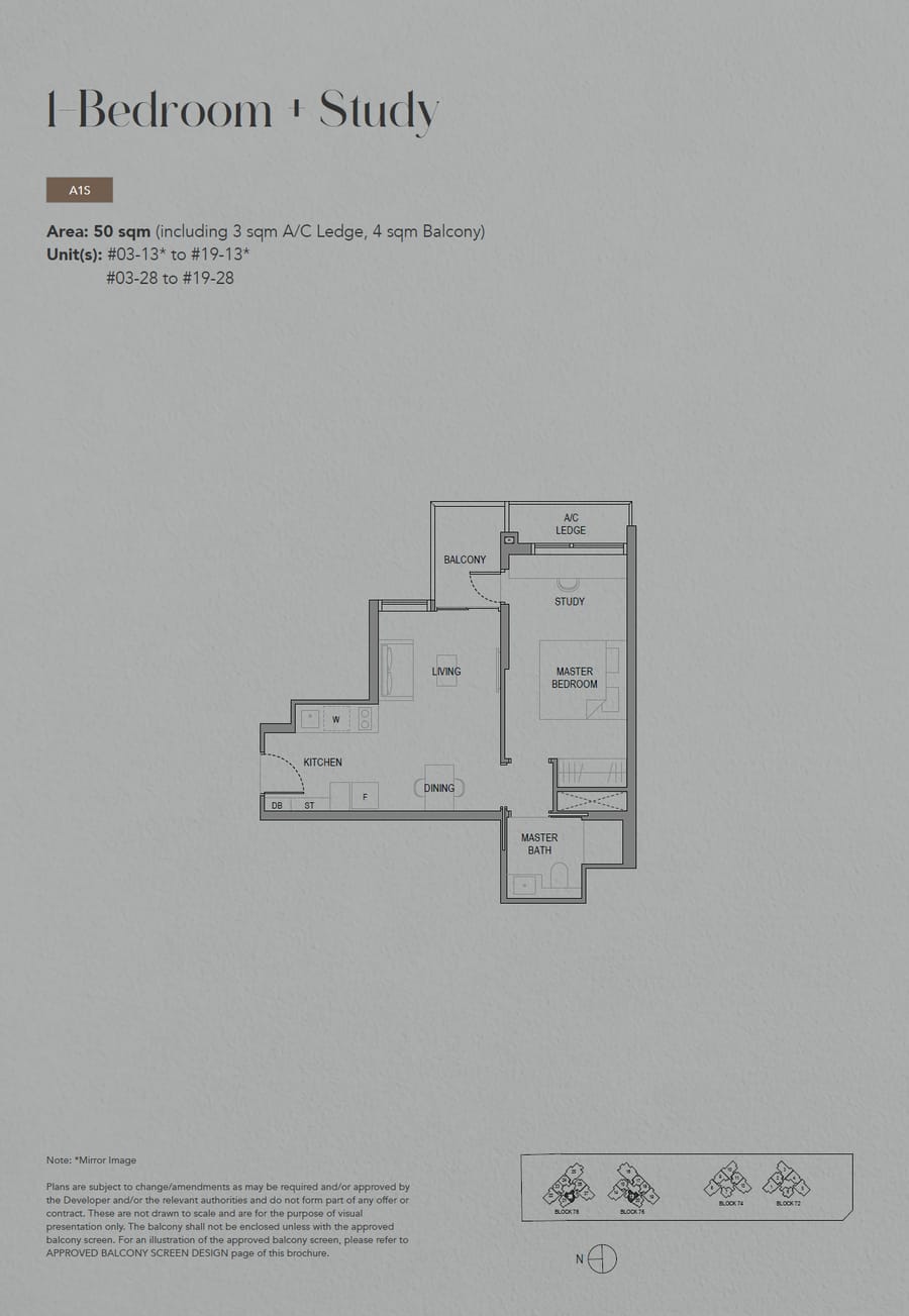 Floor plan A1S — 1 Bedroom +Study