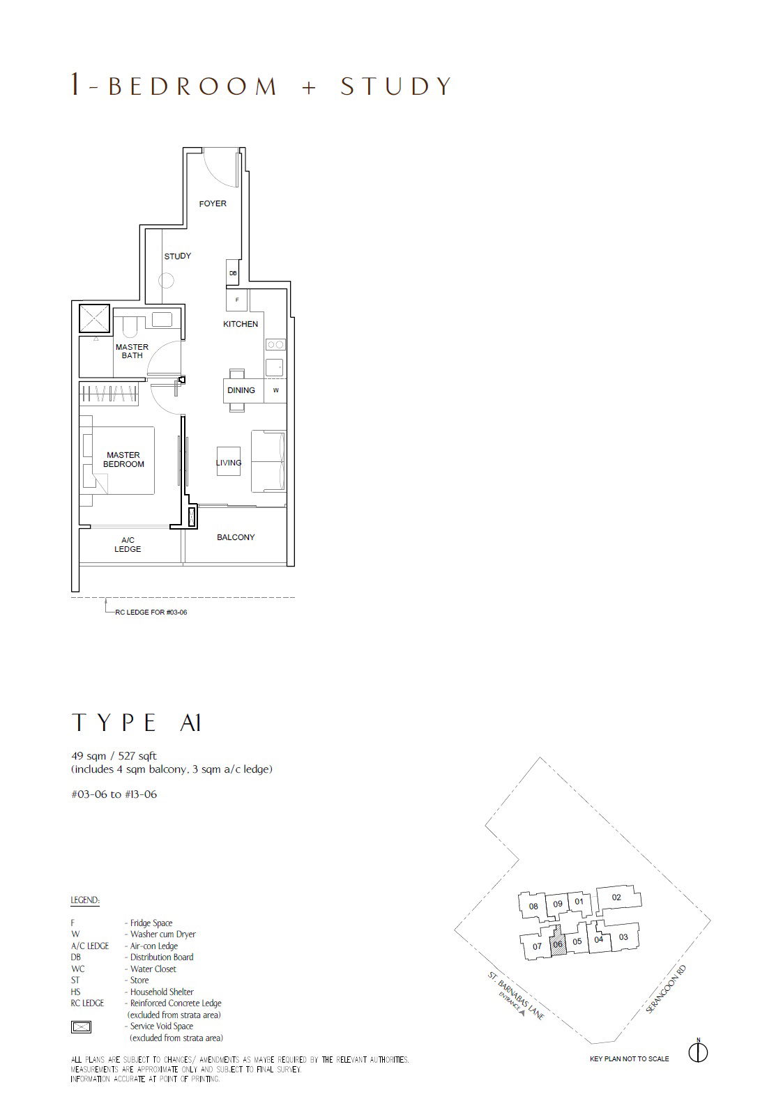 Floor plan A1 — 1BR + Study, 527 sqft