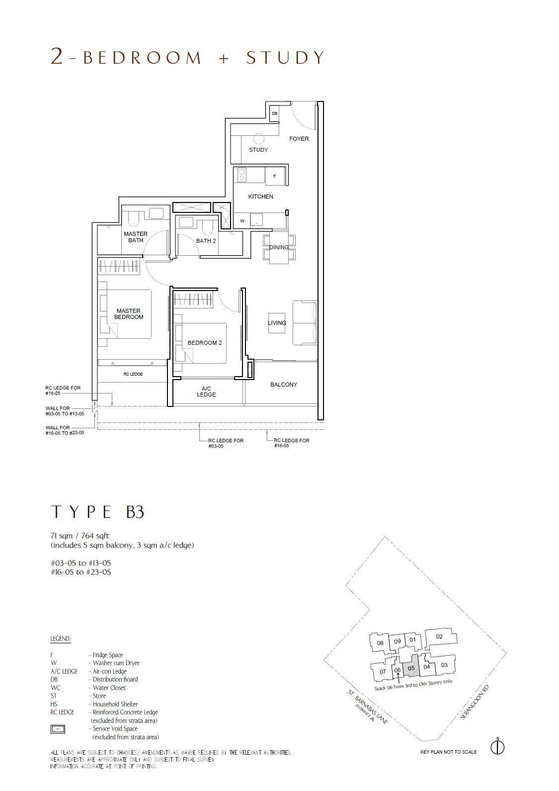 Floor plan B3 — 2BR + Study, 764 sqft