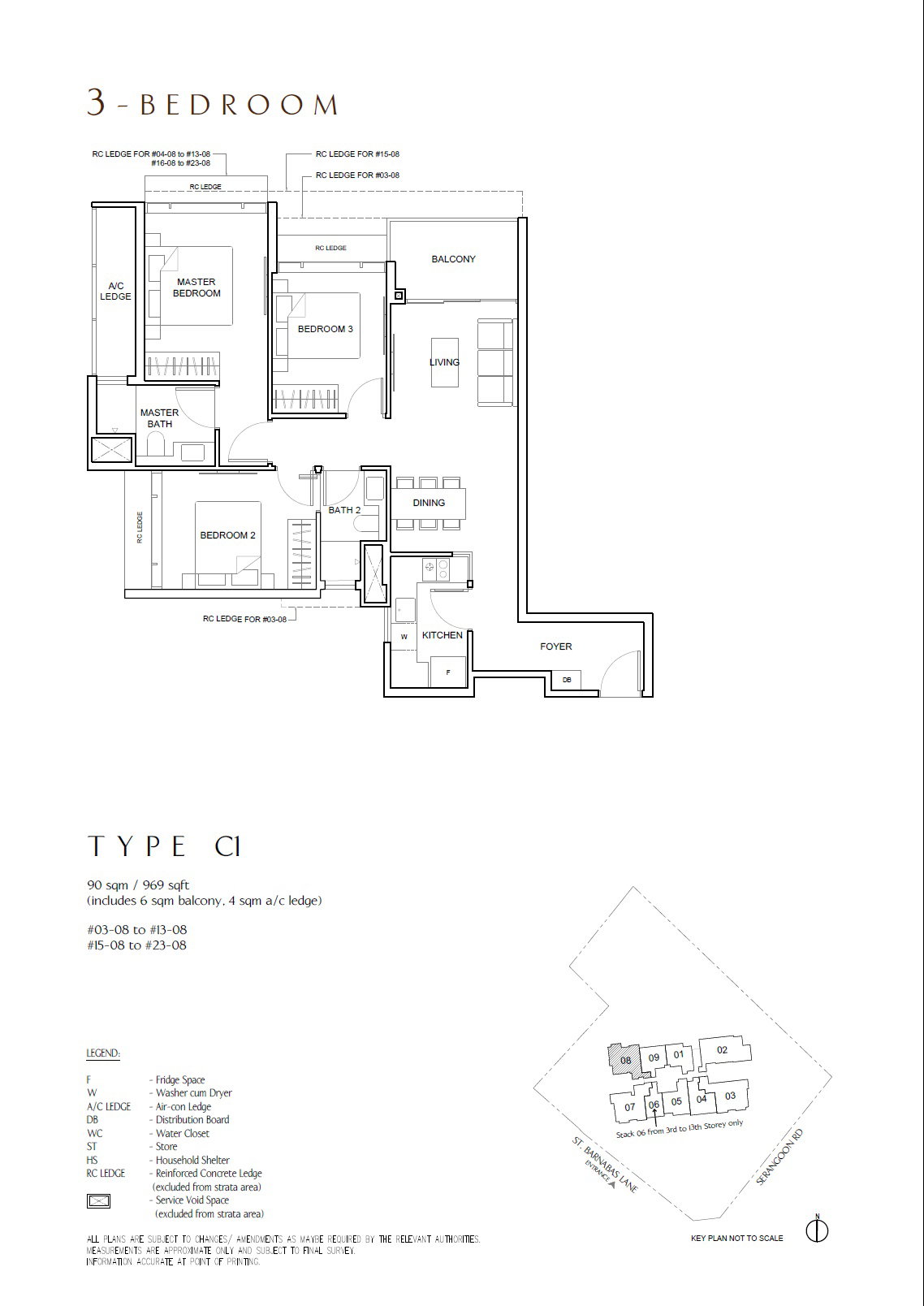 Floor plan C1 — 3BR, 969 sqft