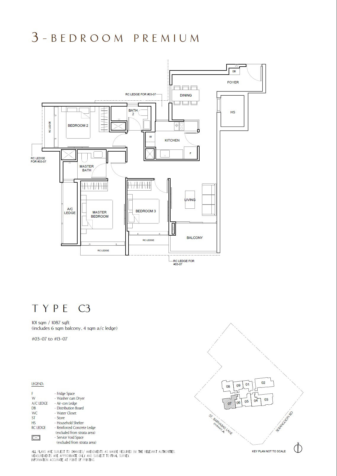 Floor plan C3 — 3BR Premium, 1,087 sqft