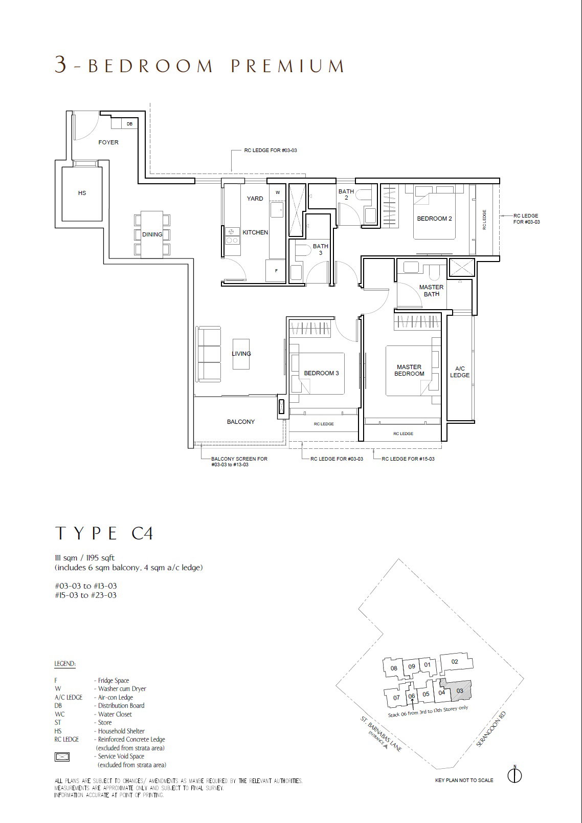 Floor plan C4 — 3BR Premium, 1,195 sqft