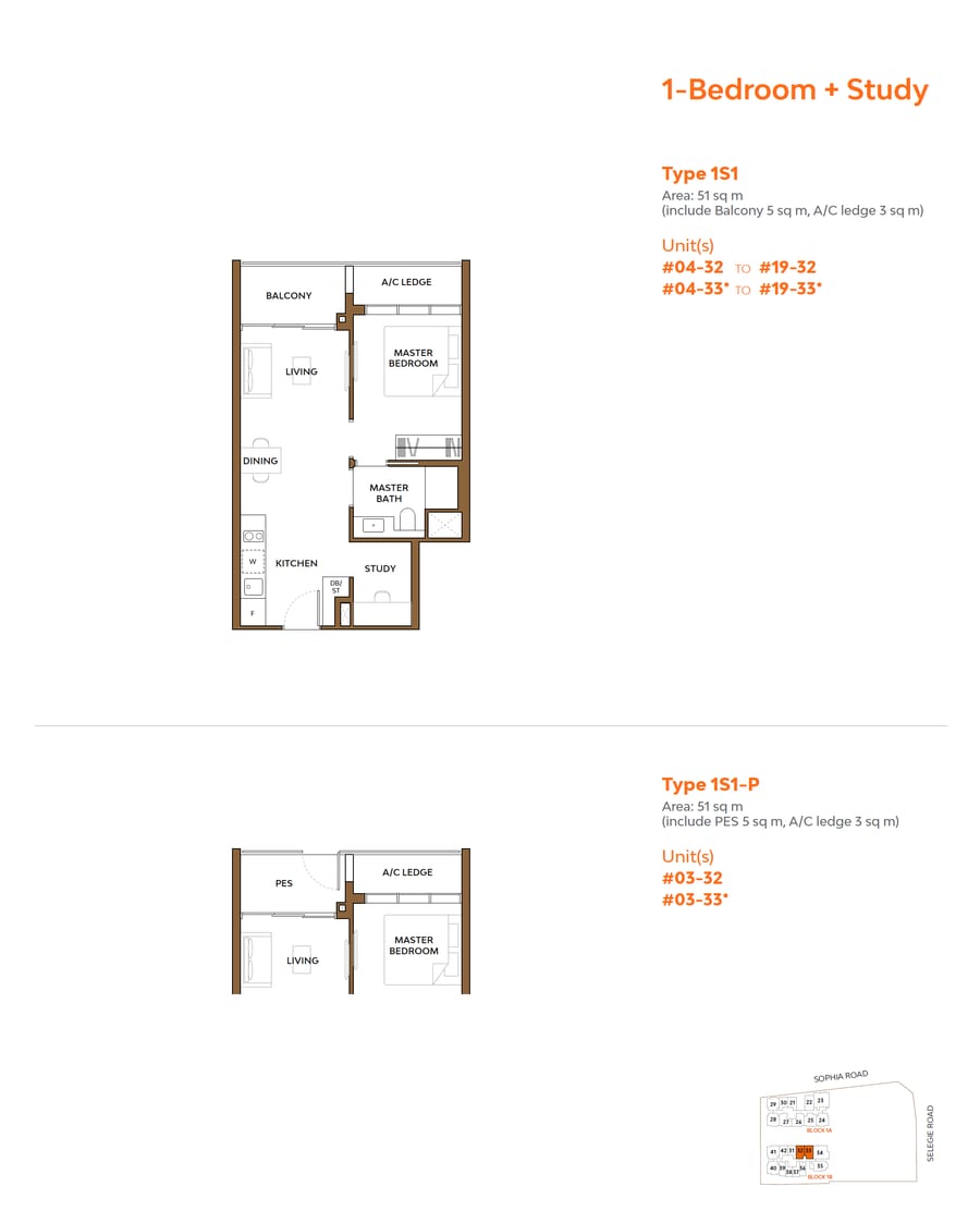 Floor plan 1S1-P — 1 Bed + Study