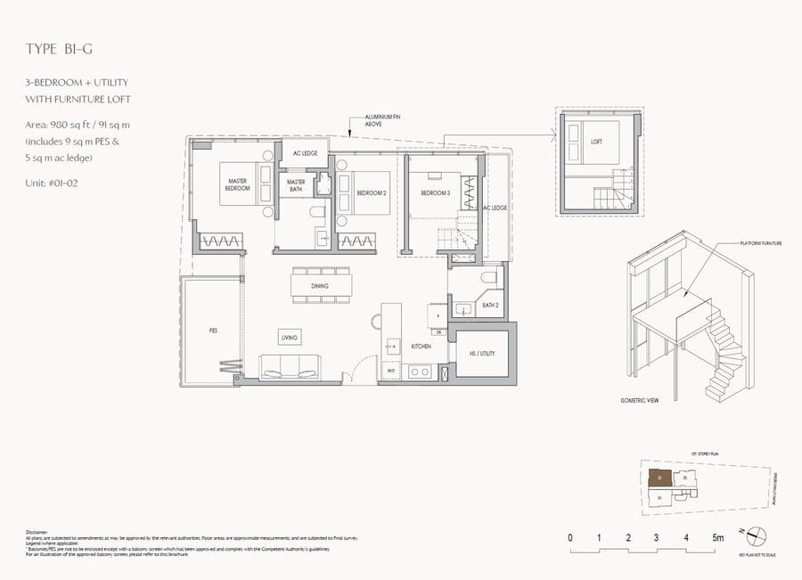 Floor plan B1-G — 3 Bedroom + Utility with furniture loft