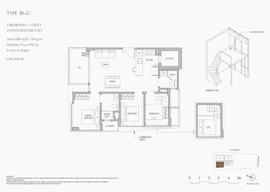 Floor plan B1-G* — 3 Bedroom + Utility with furniture loft
