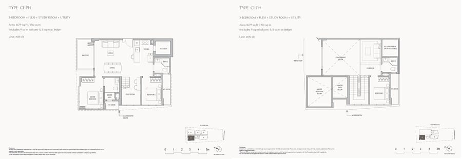 Floor plan C1-PH — 3 Bedroom + Flexi + Study Room + Utility